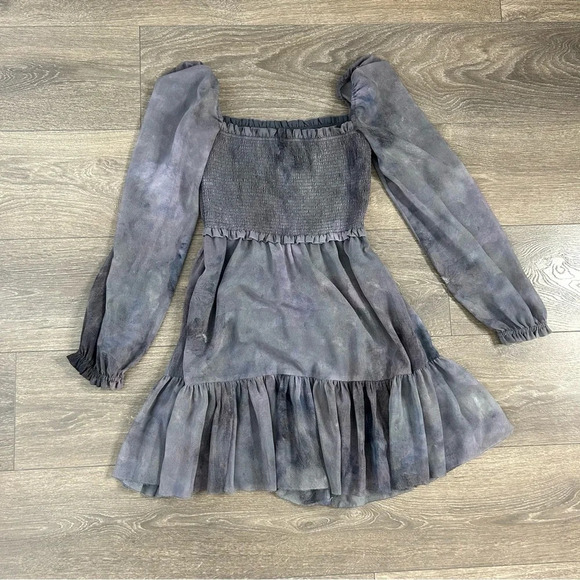 Aritzia Wilfred Tempest Mini Dress Smocked bodice Chiffon Puff Sleeve Purple - Picture 6 of 16